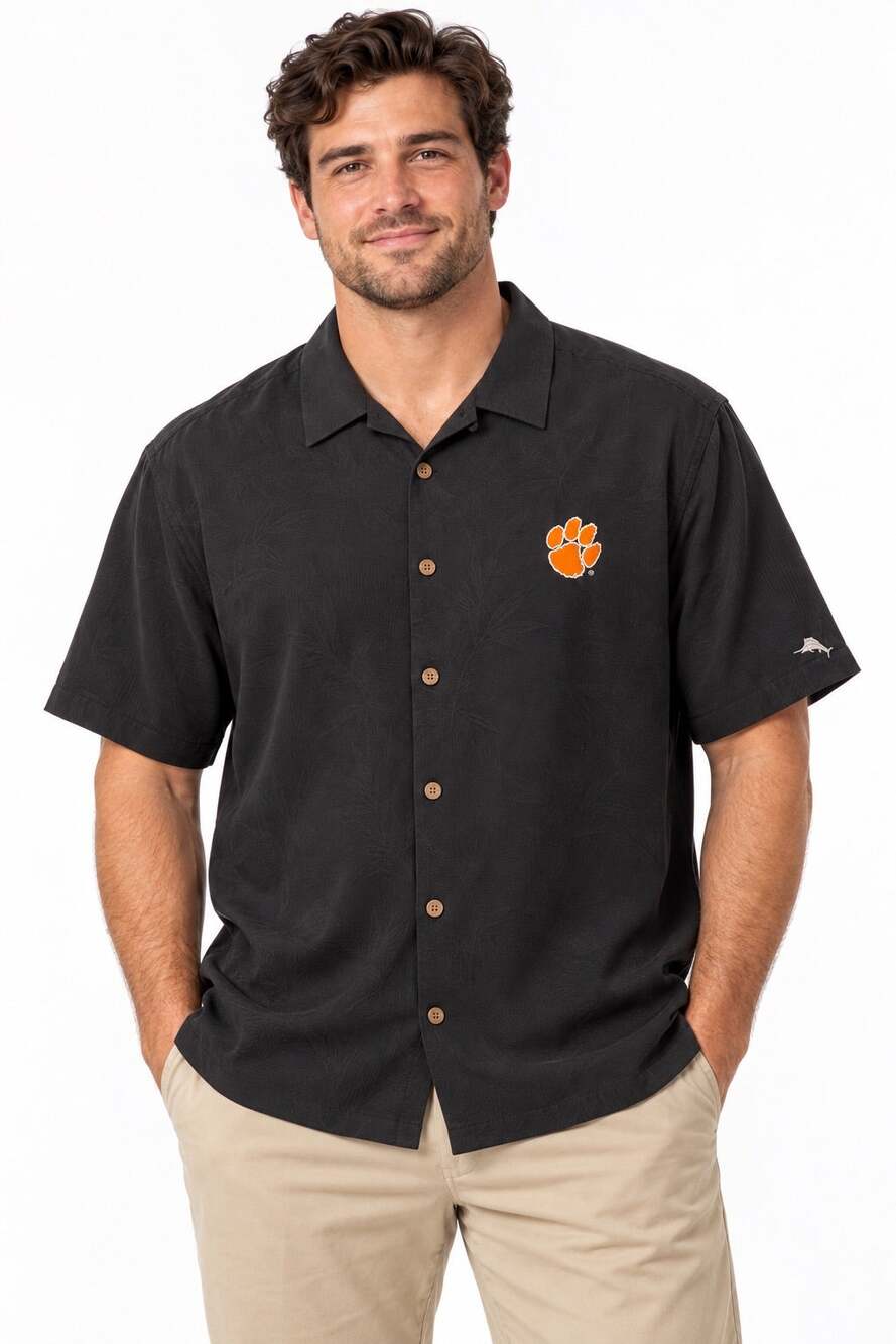Tommy Bahama Clemson Tigers Silk Camp Shirt Mens XL Black Jacquard Button Front